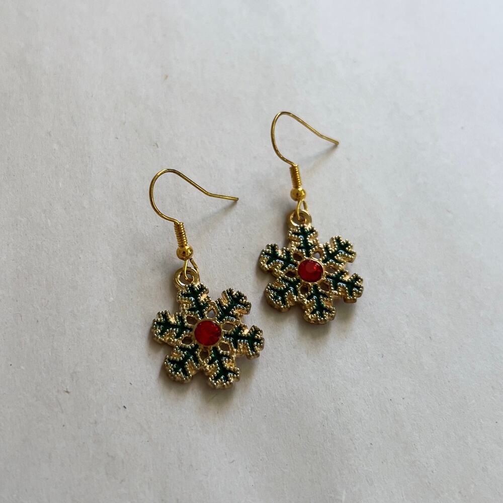 Green and Red Snowflake Dangle Earrings Handmade Christmas Jewelry